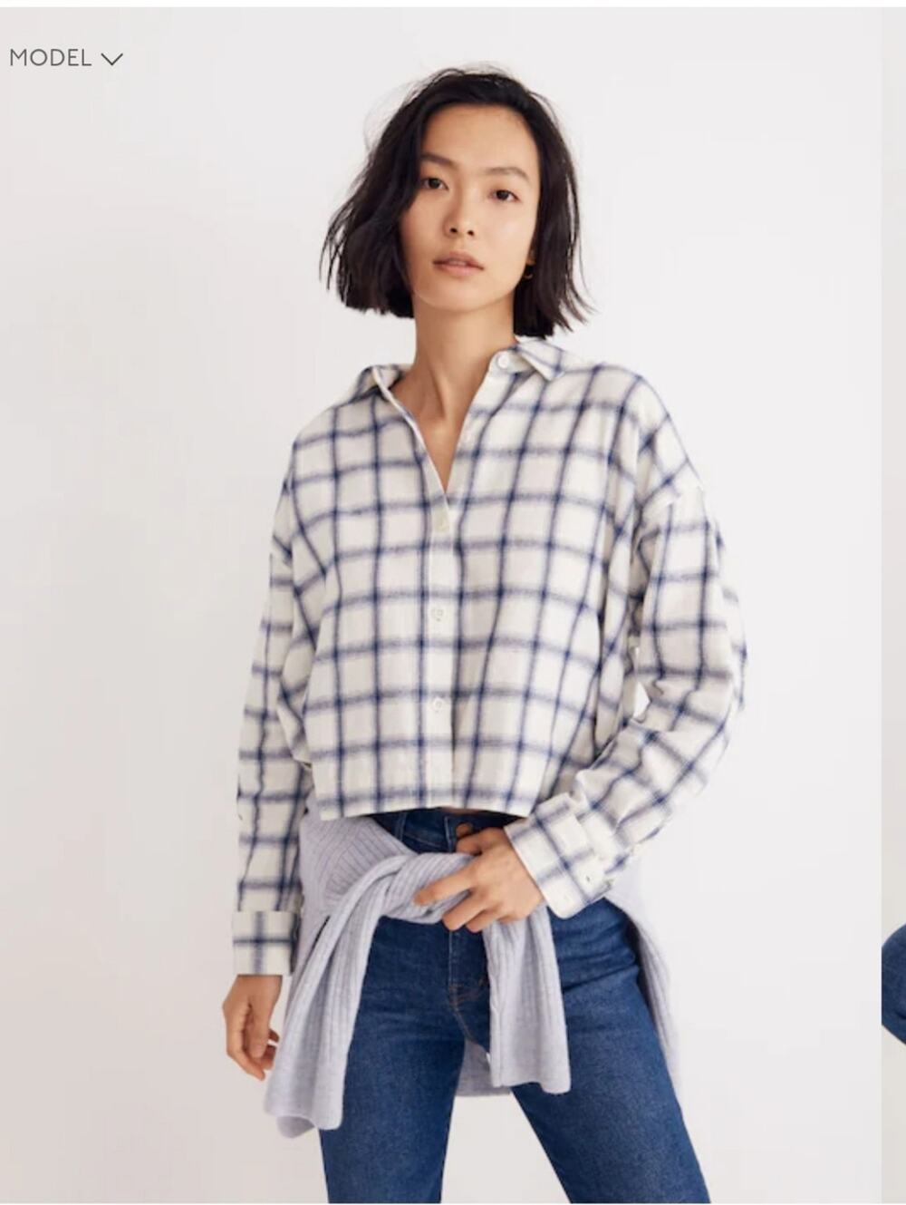 Madewell Flannel Hartfield Crop Long Sleeve Shirt in Windowpane Size Small